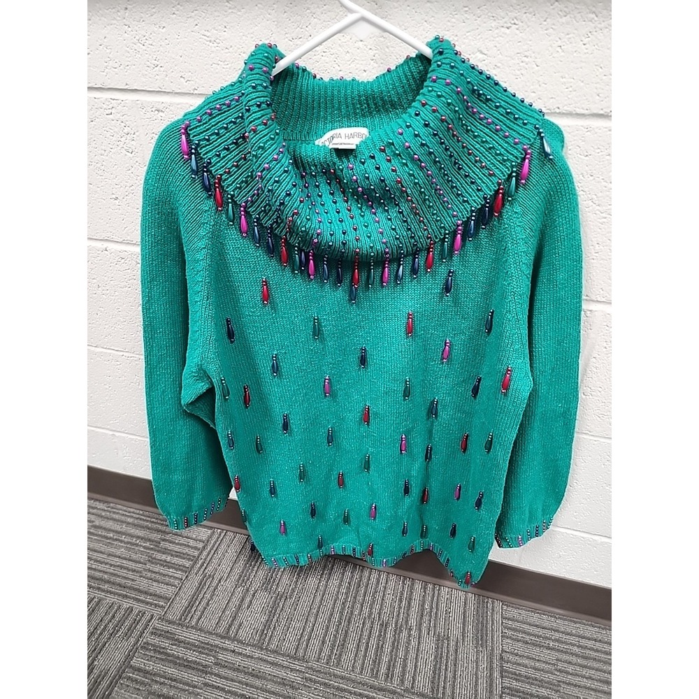 Vintage Victoria Harbour‎ Long Sleeve Turquoise Beaded Sweater. M